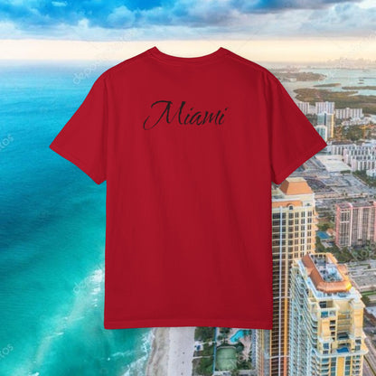 Miami Beach Graphic T-Shirt — Orange Garment-Dyed Tee with Green Vertical Palm Design