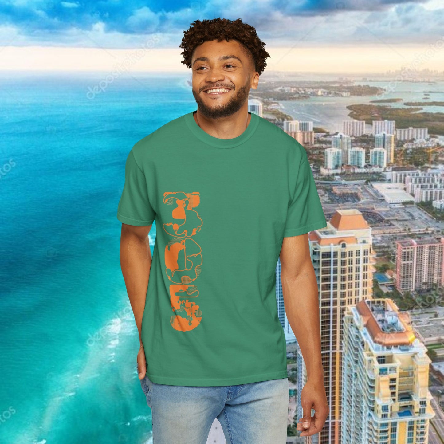 Miami Beach Graphic T-Shirt — Orange Garment-Dyed Tee with Green Vertical Palm Design