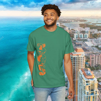 Miami Beach Graphic T-Shirt — Orange Garment-Dyed Tee with Green Vertical Palm Design