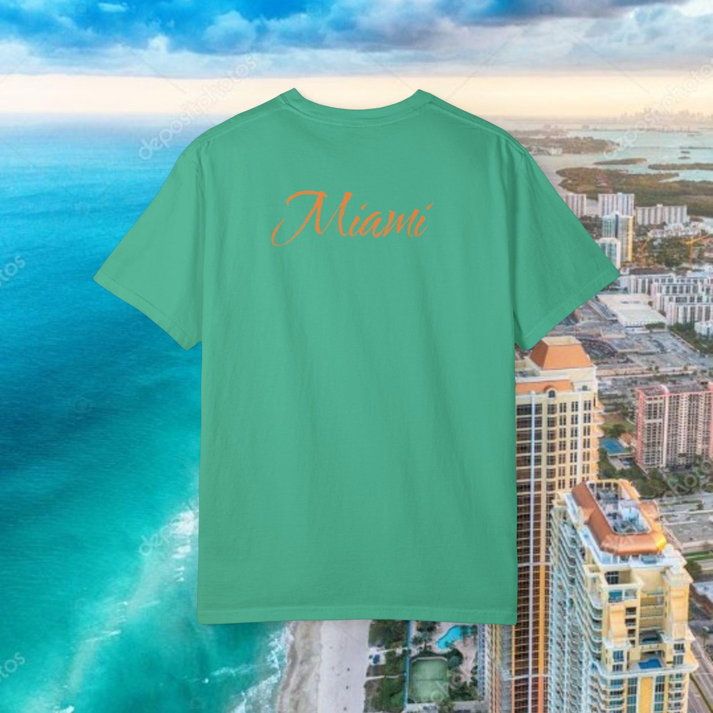 Miami Beach Graphic T-Shirt — Orange Garment-Dyed Tee with Green Vertical Palm Design