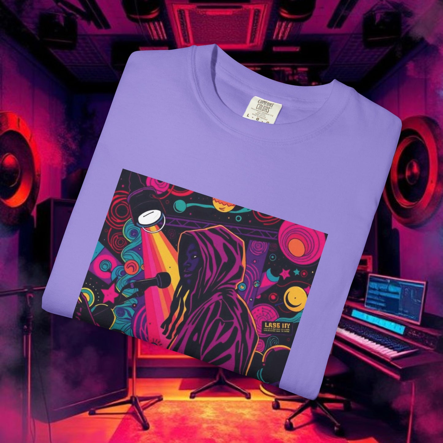 Colorful Unisex Garment-Dyed T-shirt, Artistic Graphic Tee, Music Festival Shirt, Casual Everyday Wear, Vibrant Streetwear, Unique Gift Idea