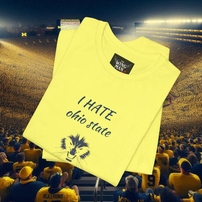 I Hate Ohio State Tee, Unisex Jersey Short Sleeve Tee, Game Day Shirt, College Sports Apparel, Football Fan Gift, Yellow Tee