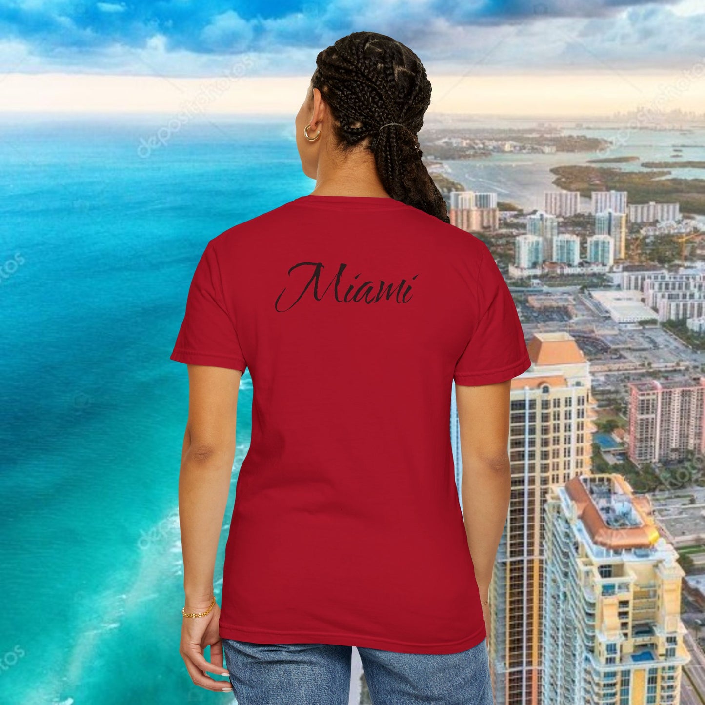 Miami Beach Graphic T-Shirt — Orange Garment-Dyed Tee with Green Vertical Palm Design