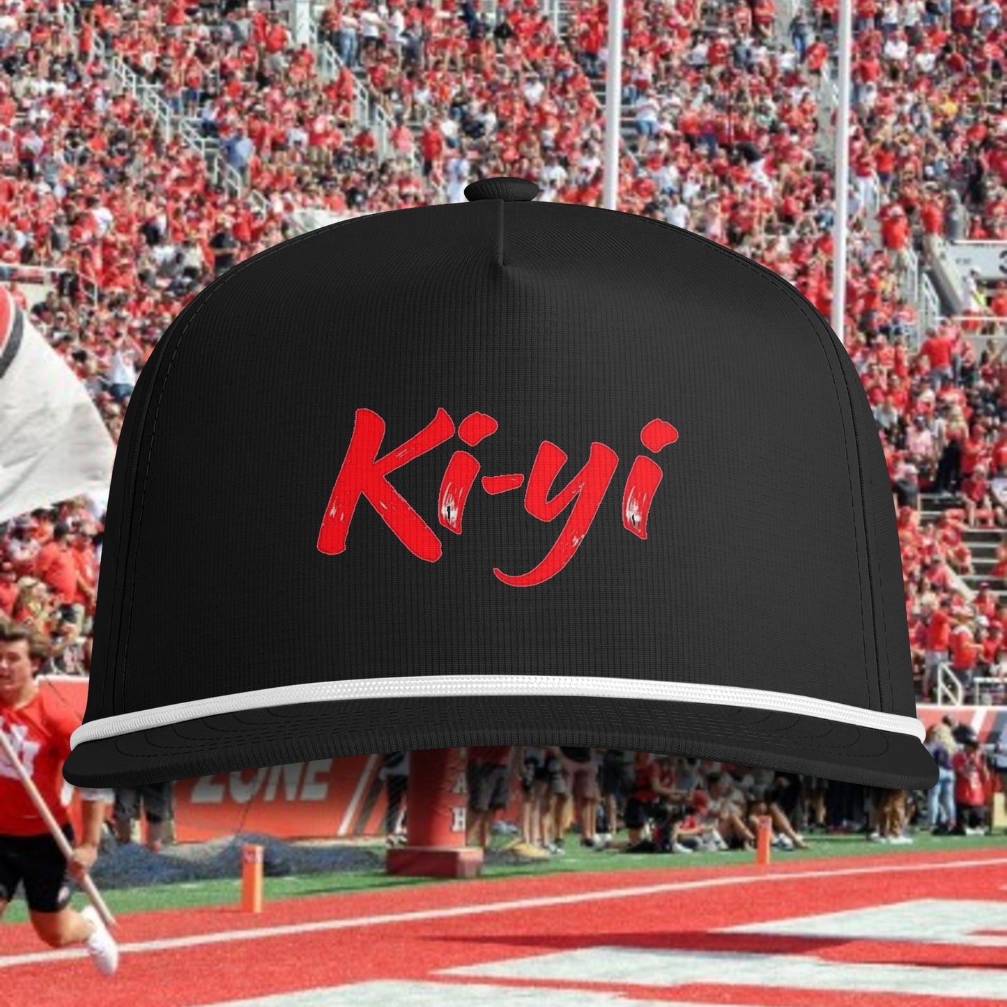 Ki-yi Rope Cap — Sunwashed Trucker Hat with Retro Script