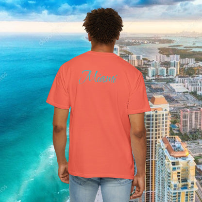 Miami Beach Graphic T-Shirt — Orange Garment-Dyed Tee with Green Vertical Palm Design