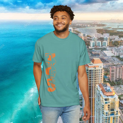 Miami Beach Graphic T-Shirt — Orange Garment-Dyed Tee with Green Vertical Palm Design