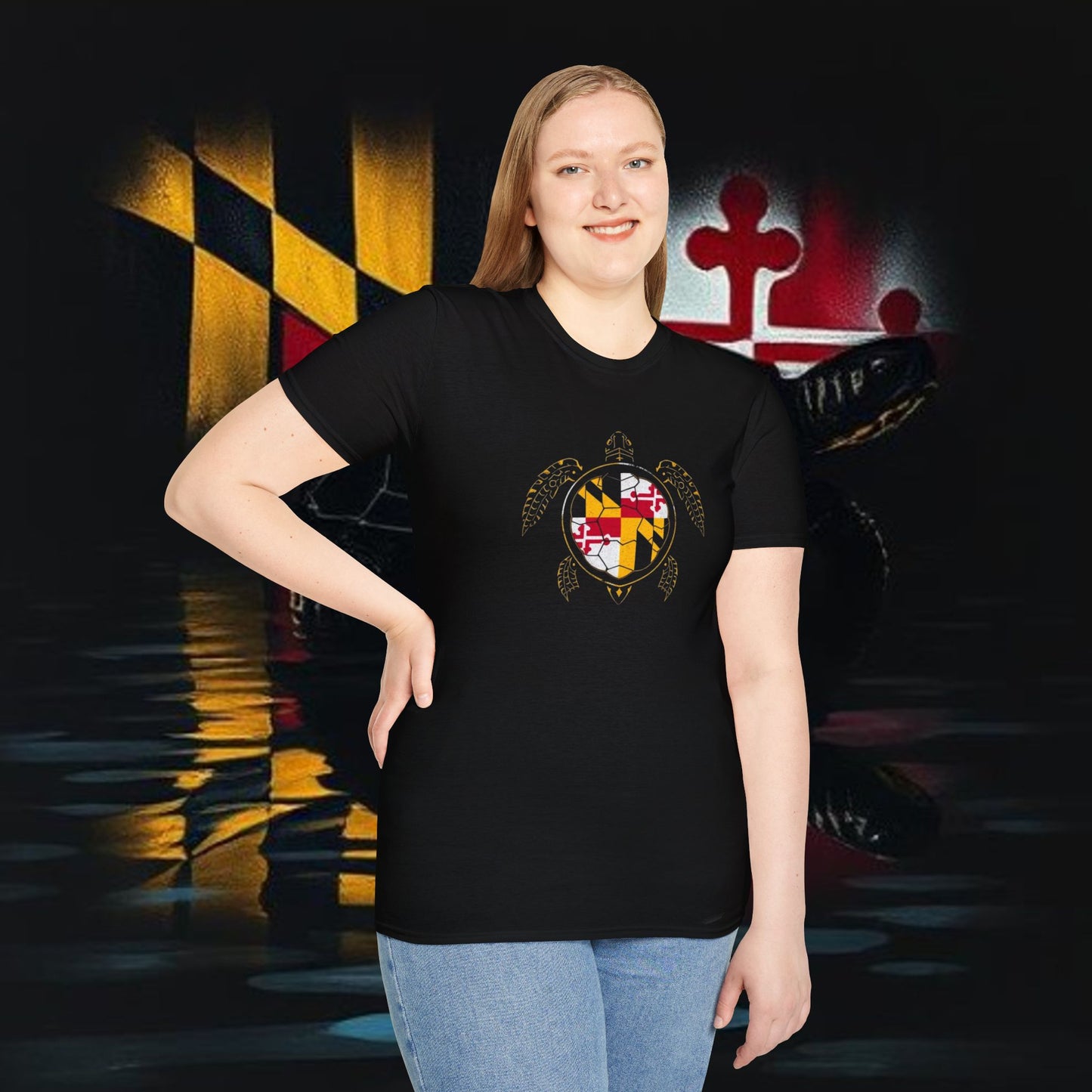 Turtle graphic Tee with Maryland Flag design Soft Style for ultra comfort