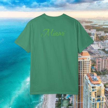 Miami Beach Graphic T-Shirt — Orange Garment-Dyed Tee with Green Vertical Palm Design