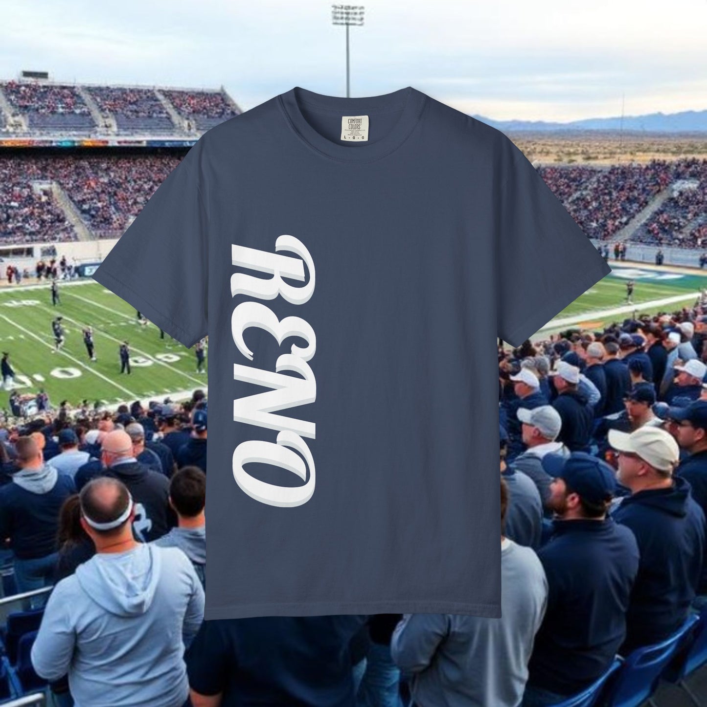 Reno Tee, Vertical Reno Logo and Subtle Wolf Graphic, Soft Style Shirt, Perfect style for Gameday