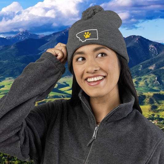 Bobcat Paw Print Pom-Pom Knit Cap, Warm Winter Beanie, Cat Fan Gift, Cozy Fashion Accessory, Great for Cold Games