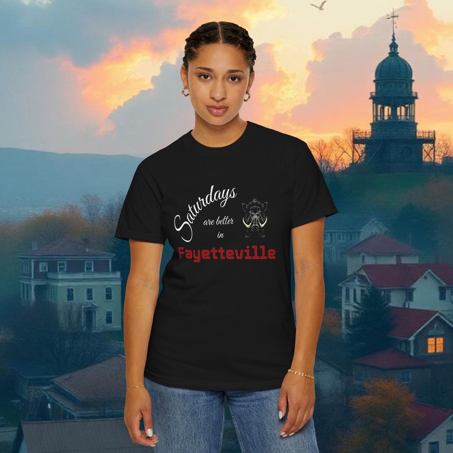 Saturdays are Better in Fayetteville T-Shirt, Unisex Sports Tee, Arkansas Fan Gear, College Game Day Apparel, Perfect for Tailgating