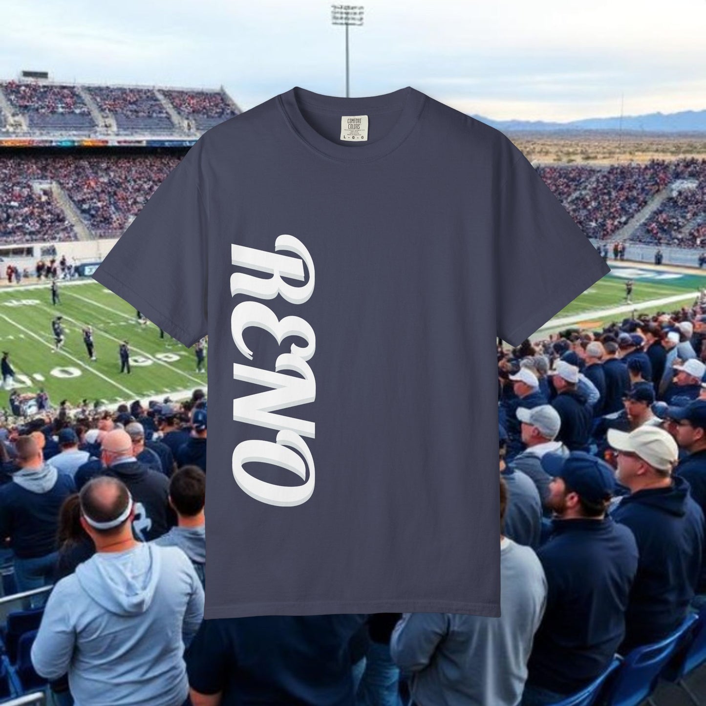 Reno Tee, Vertical Reno Logo and Subtle Wolf Graphic, Soft Style Shirt, Perfect style for Gameday