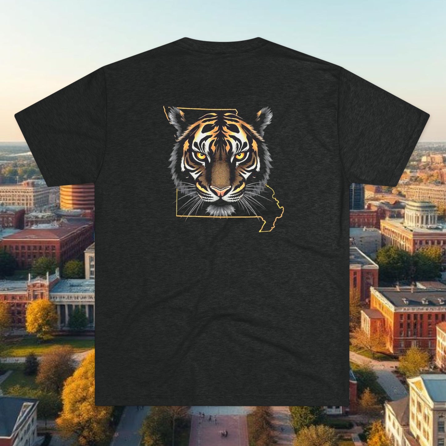 Tigers 573 Tee — Vertical 573 & Tiger Head State Shirt, Tri-Blend, Soft-Style T-Shirt, Perfect for Gameday