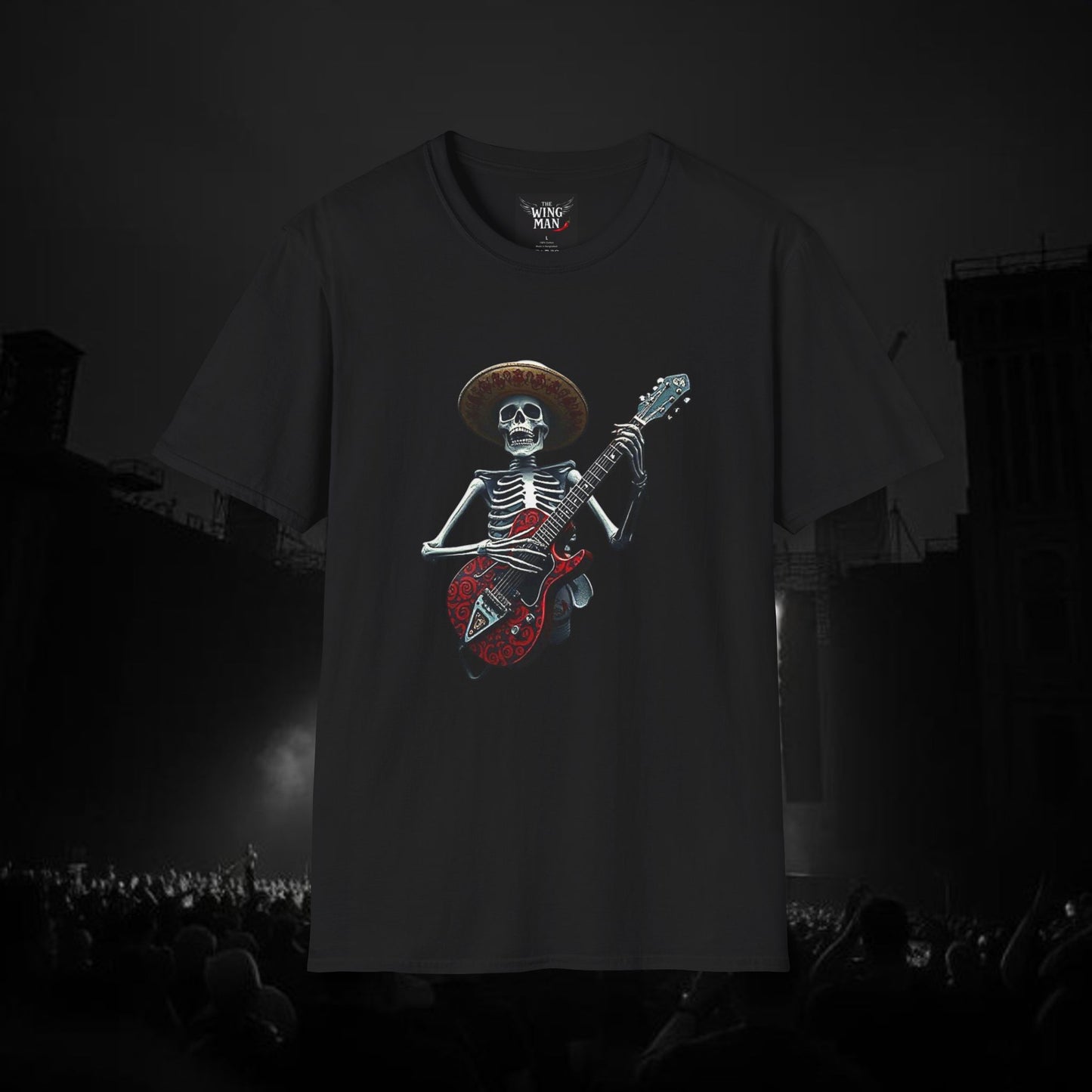 Skeleton Guitarist T-Shirt, Music Festival Shirt, Halloween Costume Tee, Vintage Rock Band Top, Unisex Graphic T-Shirt