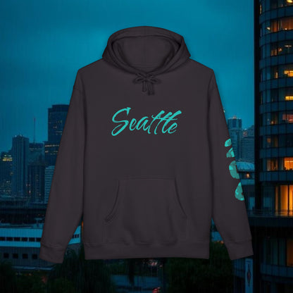 Seattle Script Hoodie — Minimalist City Sweatshirt with 206 Sleeve
