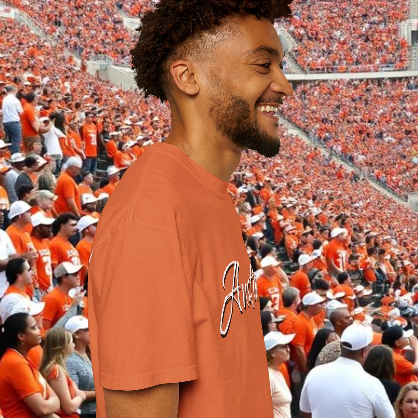 Austin Fan T-Shirt, Soft-style, front and back graphic. Stylish and fashionable tailgate attire.