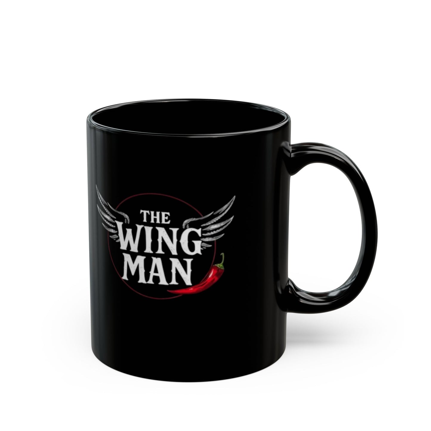 The Wing Man Black Coffee Mug — Spicy Chili Logo 11oz & 15oz