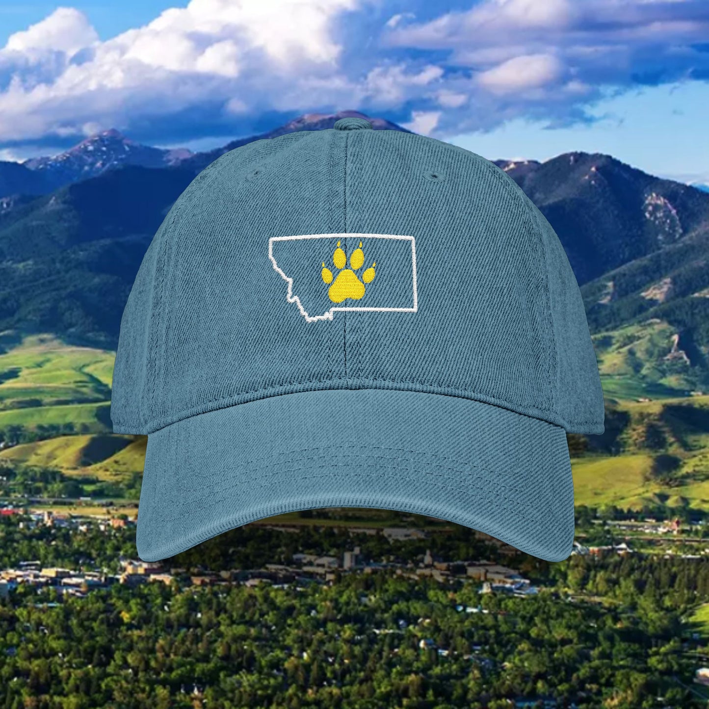 Montana Paw Print Denim Hat, Embroidered Hat, Casual Wear, Gift for Bobcat Fans, Outdoor Adventure Cap, Summer Accessories