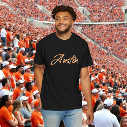 Austin Fan T-Shirt, Soft-style, front and back graphic. Stylish and fashionable tailgate attire.