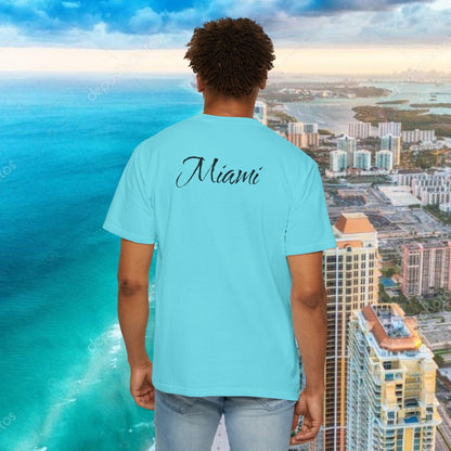 Miami Beach Graphic T-Shirt — Orange Garment-Dyed Tee with Green Vertical Palm Design