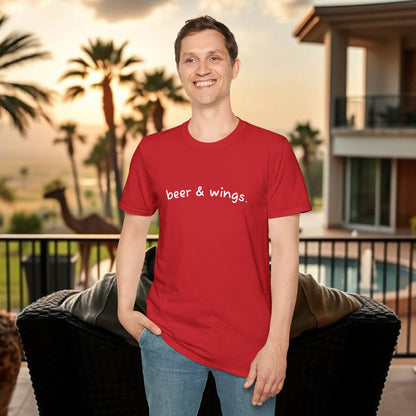 Beer & Wings Unisex Softstyle T-Shirt, Casual Gift for BBQ Lovers, Fun Drink Shirt, Summer Party Apparel, Unique Gift for Foodies