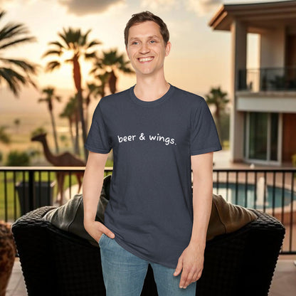 Beer & Wings Unisex Softstyle T-Shirt, Casual Gift for BBQ Lovers, Fun Drink Shirt, Summer Party Apparel, Unique Gift for Foodies