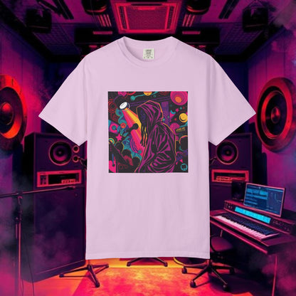 Colorful Unisex Garment-Dyed T-shirt, Artistic Graphic Tee, Music Festival Shirt, Casual Everyday Wear, Vibrant Streetwear, Unique Gift Idea