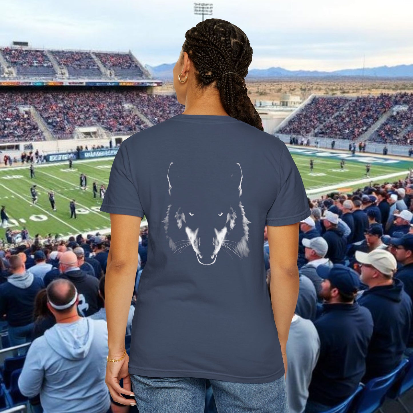 Reno Tee, Vertical Reno Logo and Subtle Wolf Graphic, Soft Style Shirt, Perfect style for Gameday