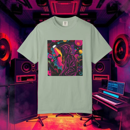 Colorful Unisex Garment-Dyed T-shirt, Artistic Graphic Tee, Music Festival Shirt, Casual Everyday Wear, Vibrant Streetwear, Unique Gift Idea