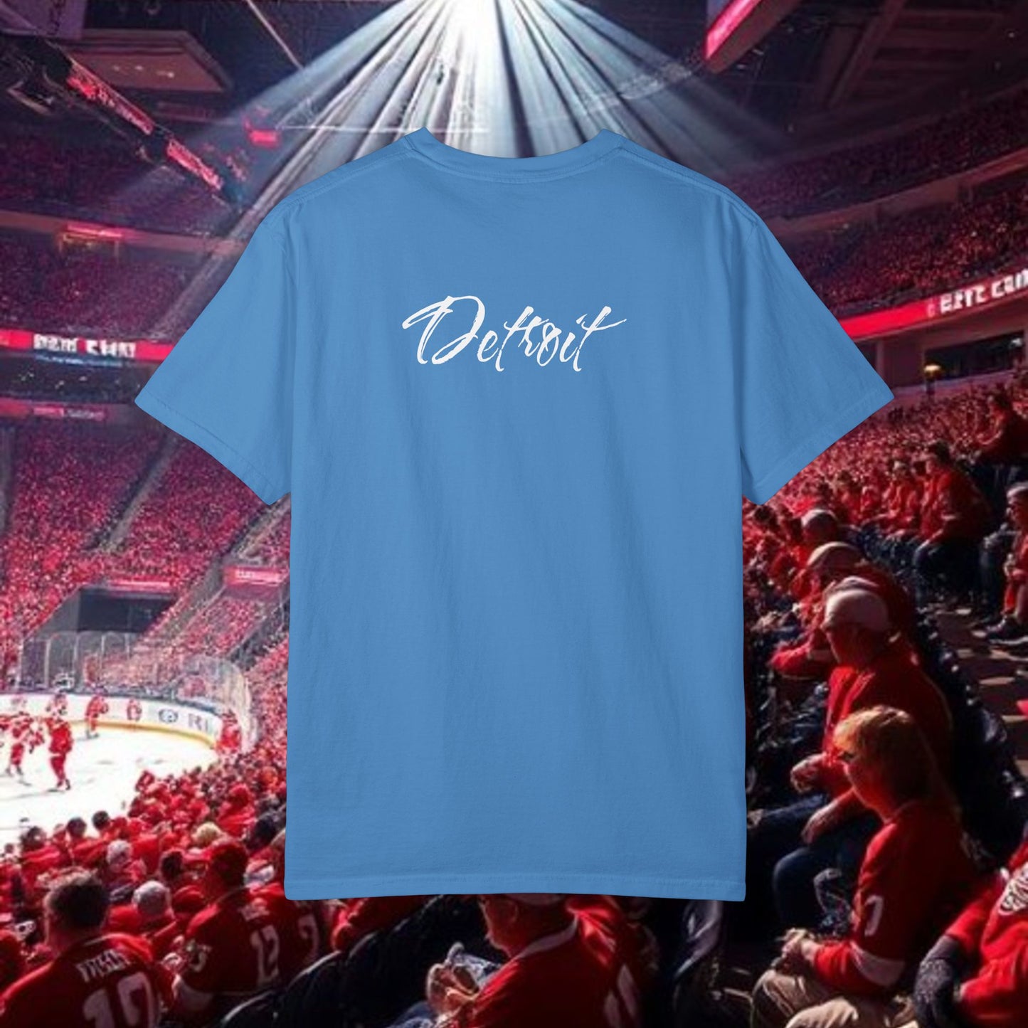 Detroit T-Shirt — Vertical Mascot Graphic with 'Detroit' Script