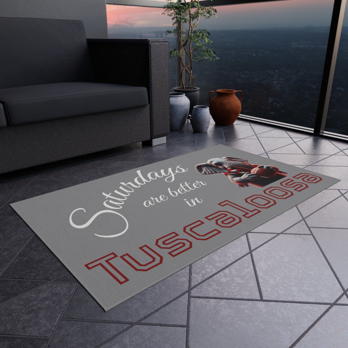 Tuscaloosa Saturdays Outdoor Rug — College Football Porch Mat with Elephant Design
