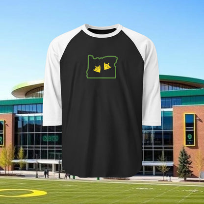 Duck Print Three-Quarter Sleeve Raglan Shirt, Unisex Baseball Tee, Great for Events, Gifts, Casual Wear, Oregon Gameday Outfit