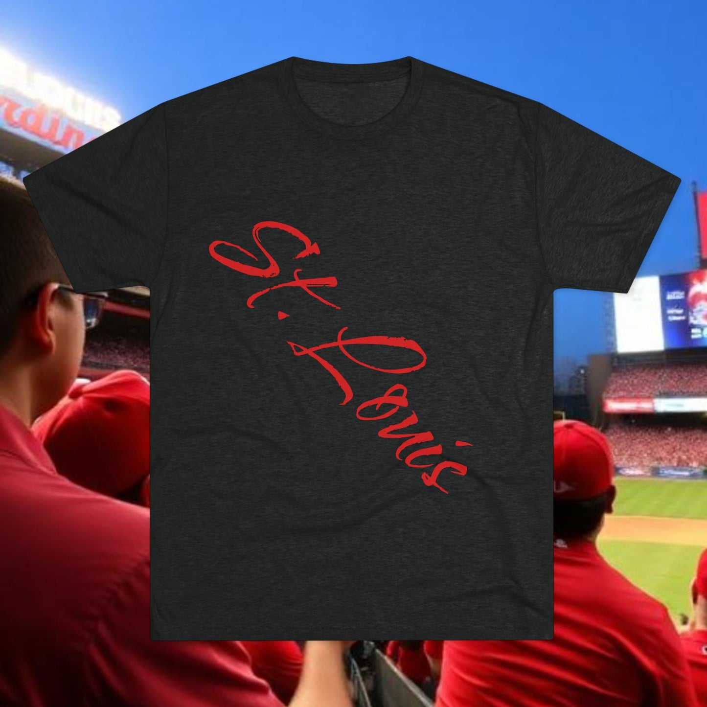 St. Louis Script Tee — Diagonal Red Script City Baseball and Hockey T‑Shirt