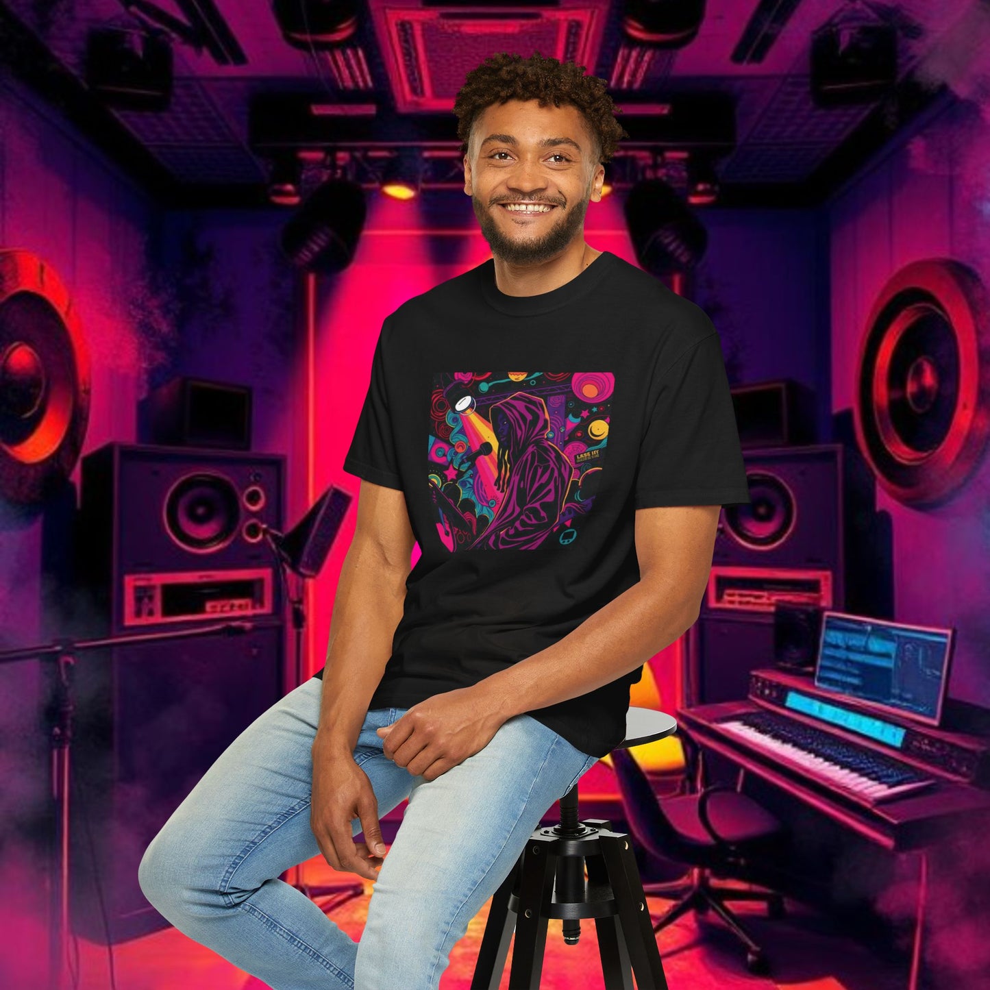 Colorful Unisex Garment-Dyed T-shirt, Artistic Graphic Tee, Music Festival Shirt, Casual Everyday Wear, Vibrant Streetwear, Unique Gift Idea