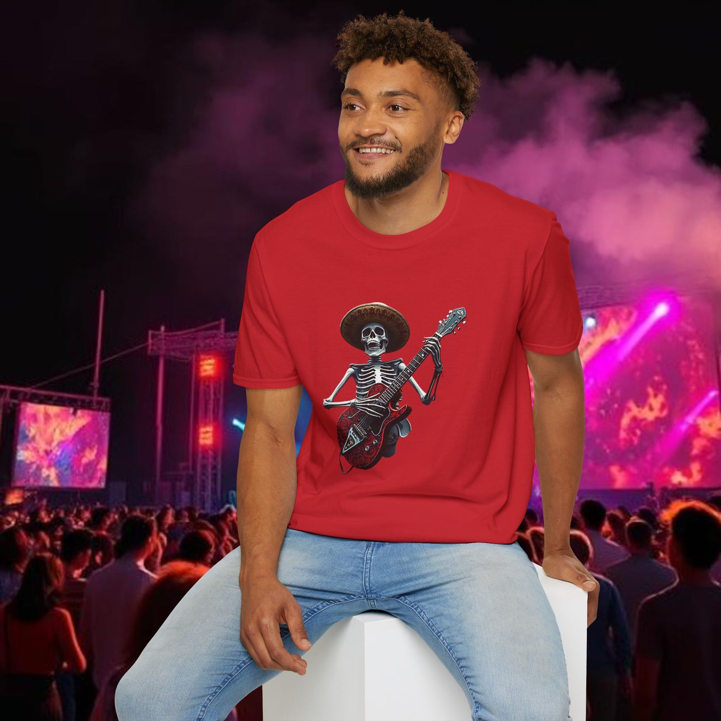 Skeleton Guitarist T-Shirt, Music Festival Shirt, Halloween Costume Tee, Vintage Rock Band Top, Unisex Graphic T-Shirt