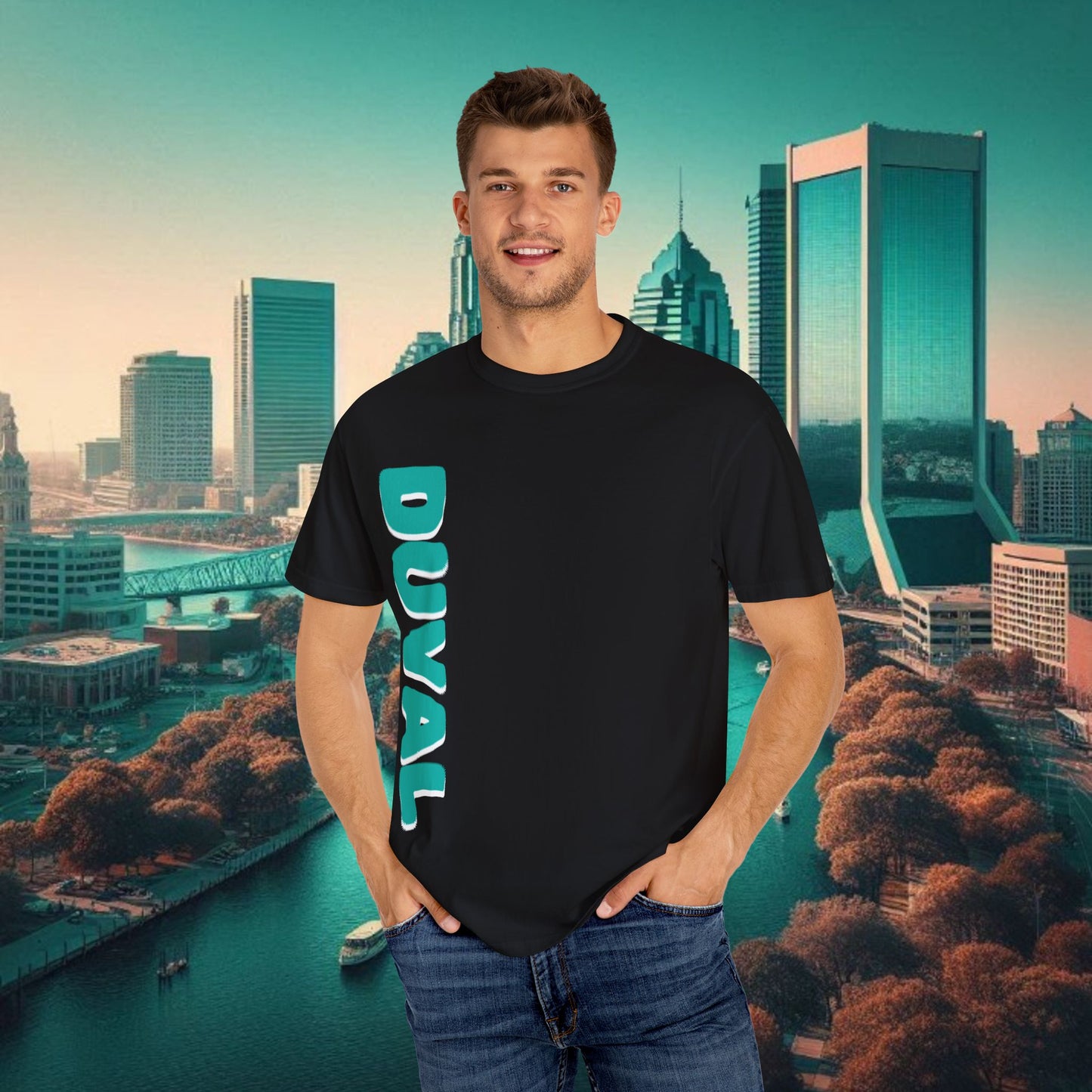 Duval Stylish T-Shirt — Jacksonville Pride Vertical DUVAL Design, Front and Back Designs