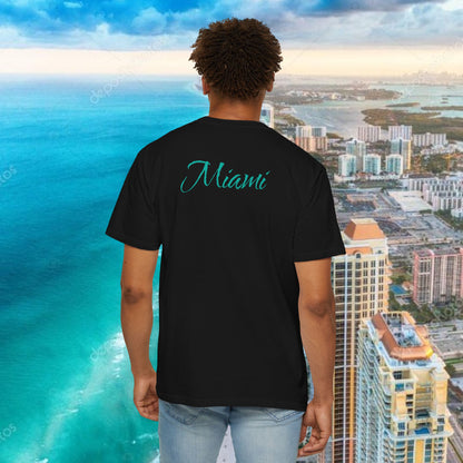 Miami Beach Graphic T-Shirt — Orange Garment-Dyed Tee with Green Vertical Palm Design