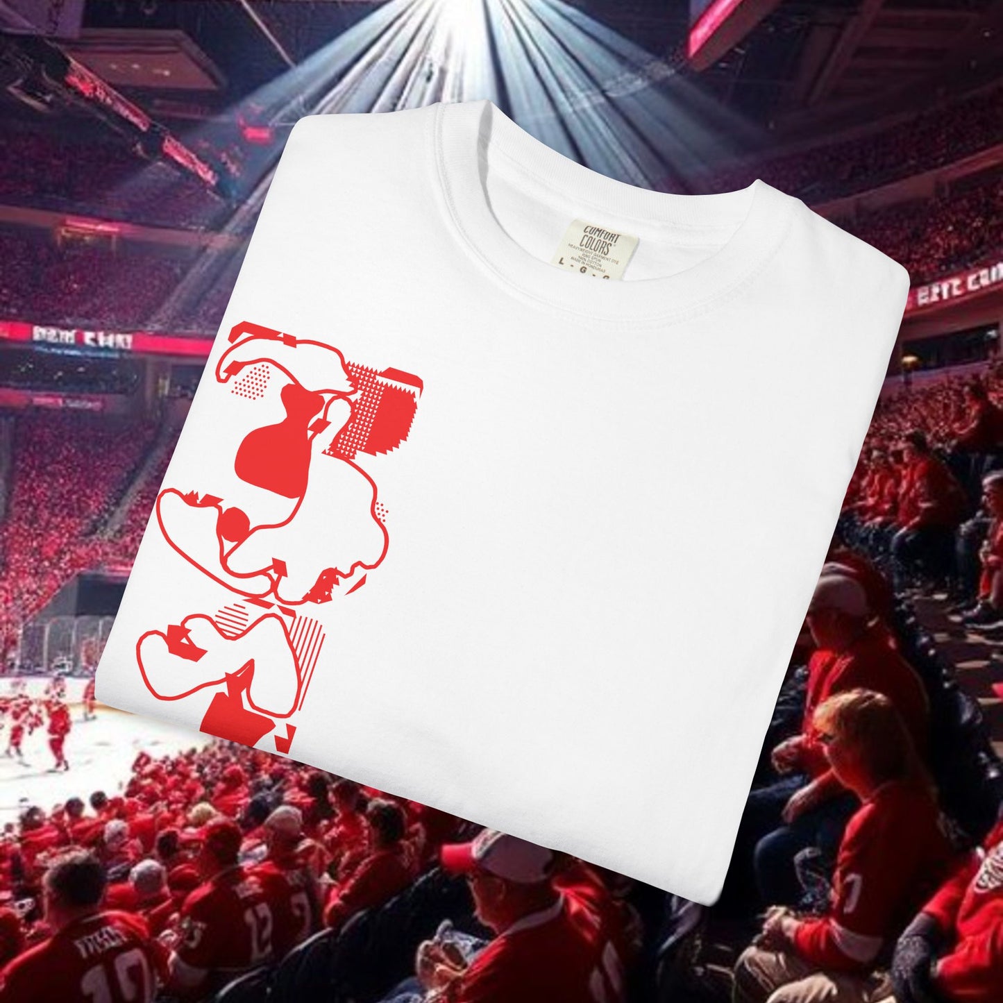 Detroit T-Shirt — Vertical Mascot Graphic with 'Detroit' Script