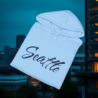 Seattle Script Hoodie — Minimalist City Sweatshirt with 206 Sleeve