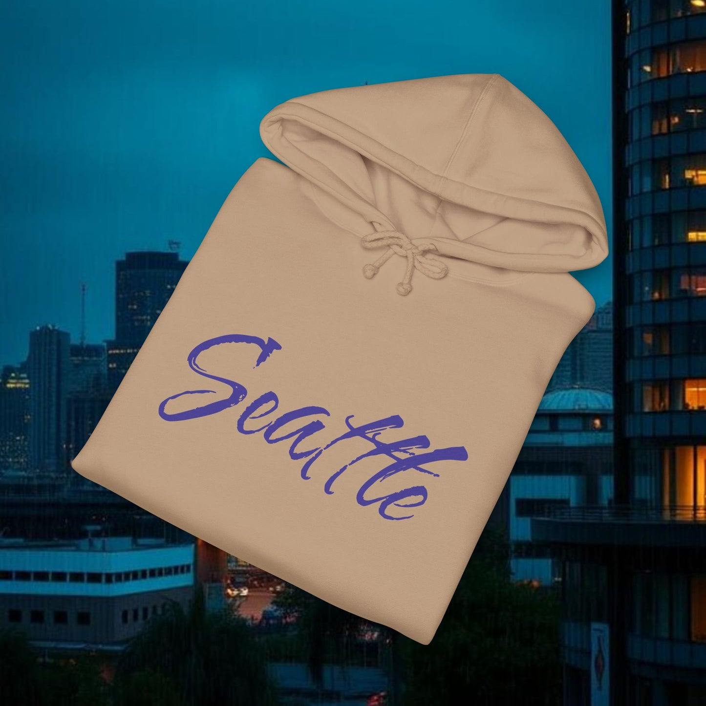 Seattle Script Hoodie — Minimalist City Sweatshirt with 206 Sleeve