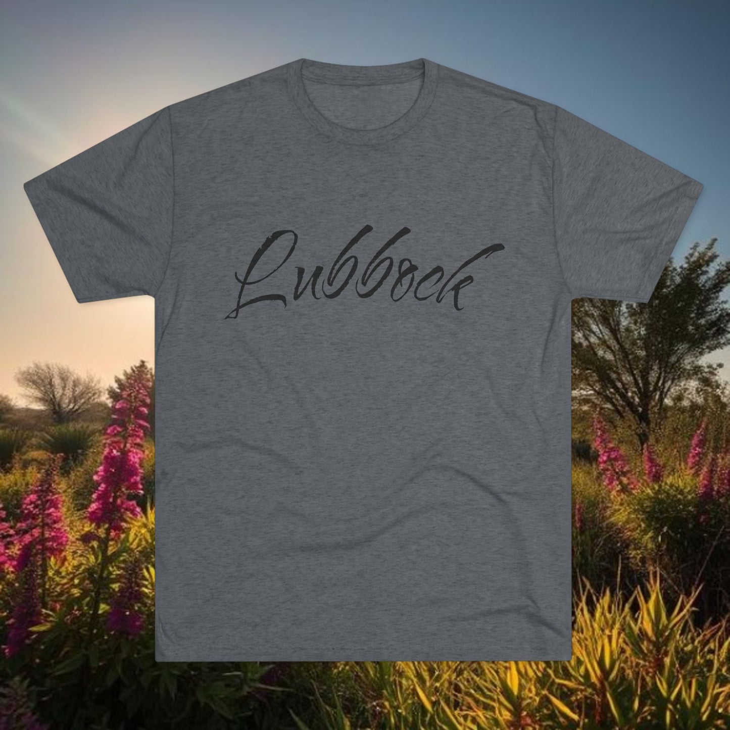 Lubbock Script Tee — Red Cowboy Skull Graphic Crew Shirt, Tri-Blend, Super Soft T-Shirt, Perfect for Gameday