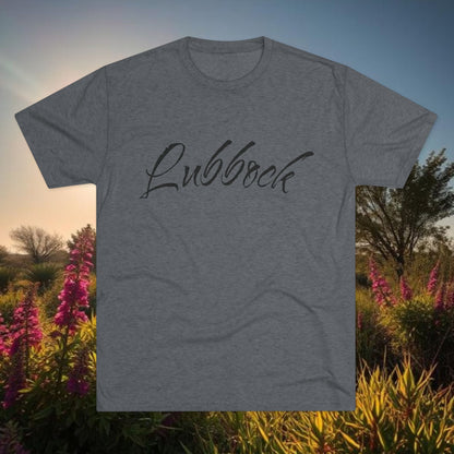 Lubbock Script Tee — Red Cowboy Skull Graphic Crew Shirt, Tri-Blend, Super Soft T-Shirt, Perfect for Gameday