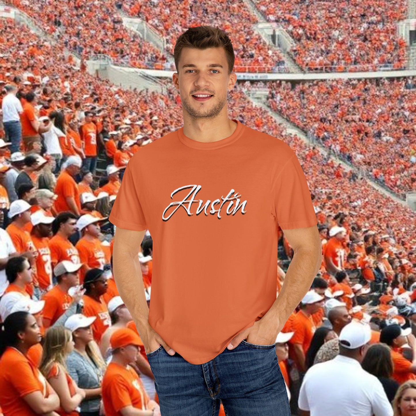 Austin Fan T-Shirt, Soft-style, front and back graphic. Stylish and fashionable tailgate attire.