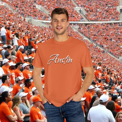 Austin Fan T-Shirt, Soft-style, front and back graphic. Stylish and fashionable tailgate attire.