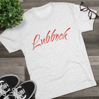 Lubbock Script Tee — Red Cowboy Skull Graphic Crew Shirt, Tri-Blend, Super Soft T-Shirt, Perfect for Gameday