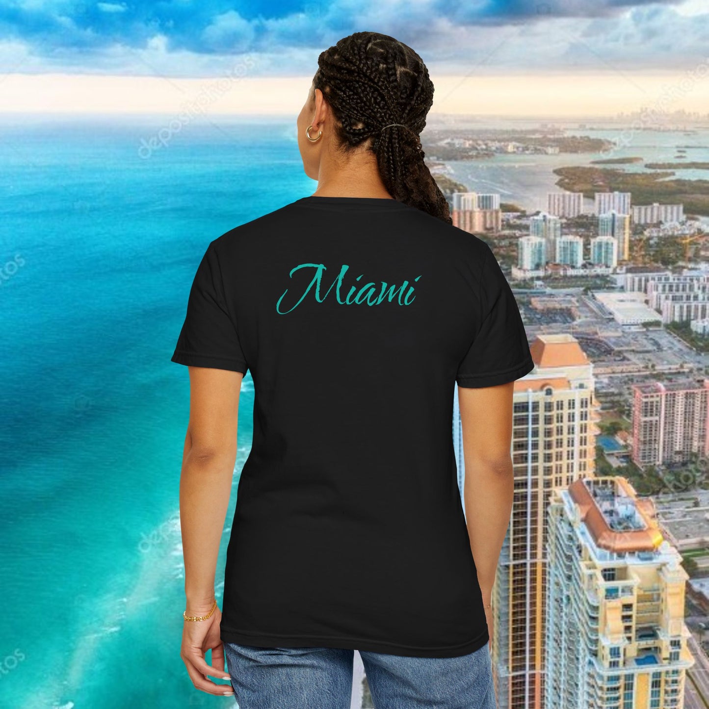 Miami Beach Graphic T-Shirt — Orange Garment-Dyed Tee with Green Vertical Palm Design