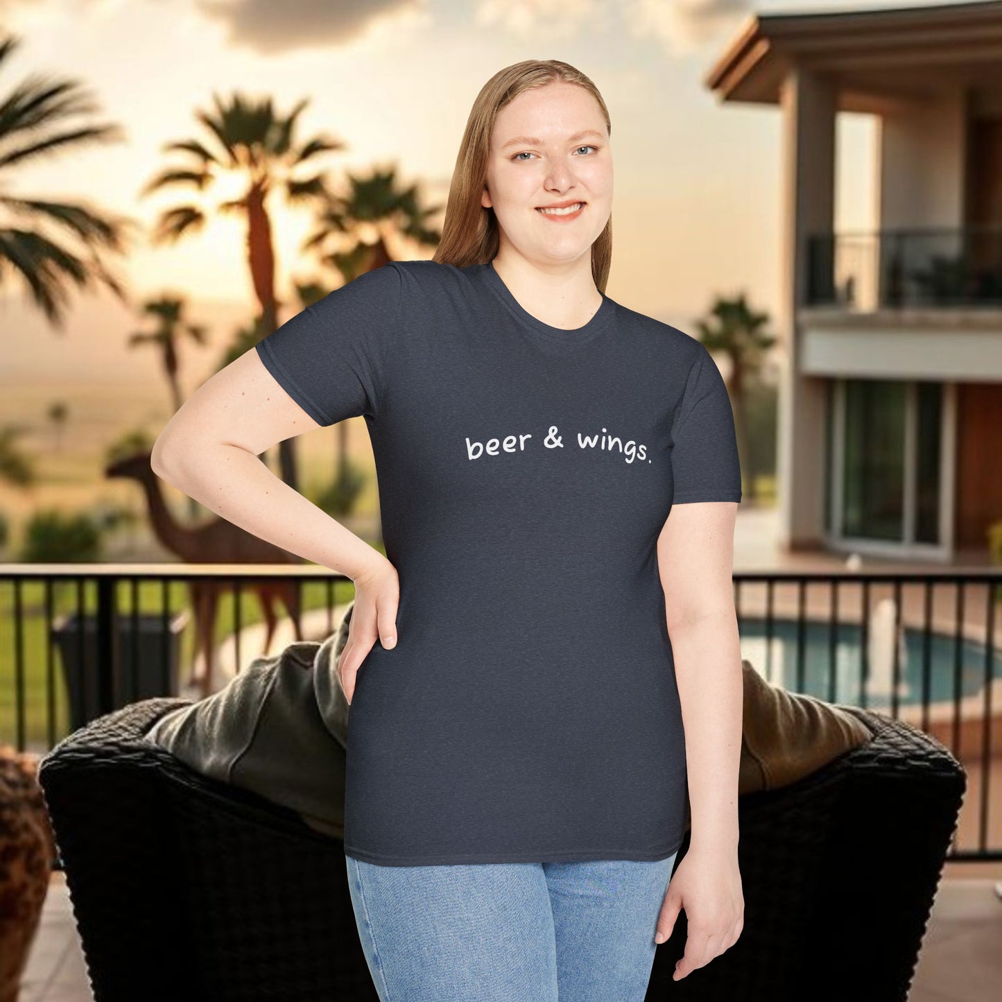 Beer & Wings Unisex Softstyle T-Shirt, Casual Gift for BBQ Lovers, Fun Drink Shirt, Summer Party Apparel, Unique Gift for Foodies