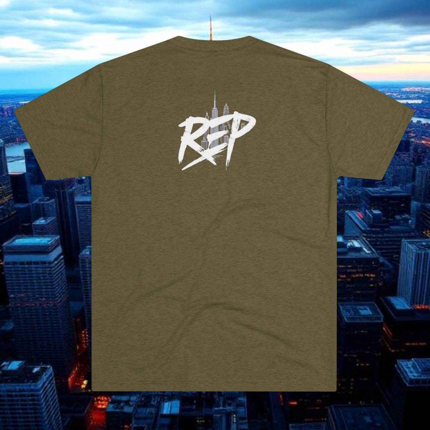 NYC Script Tee — 'REP' Skyline Back Graphic, Tri-Blend Soft T-Shirt