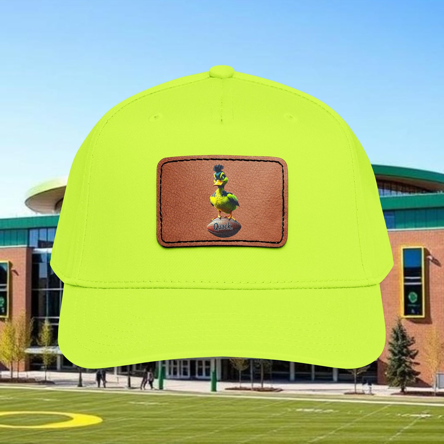 Leather Patch Baseball Cap — Green Bird on Egg Design