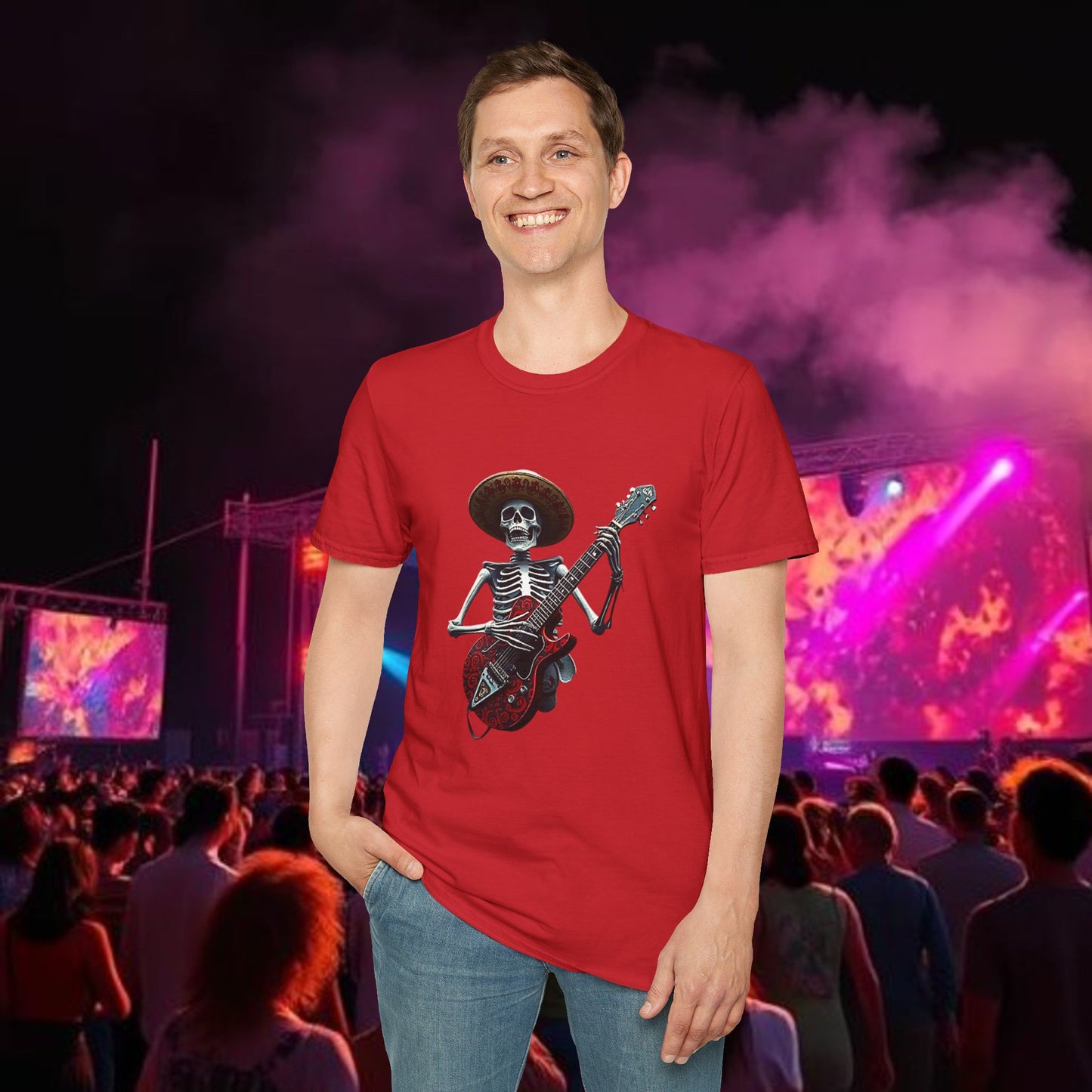 Skeleton Guitarist T-Shirt, Music Festival Shirt, Halloween Costume Tee, Vintage Rock Band Top, Unisex Graphic T-Shirt